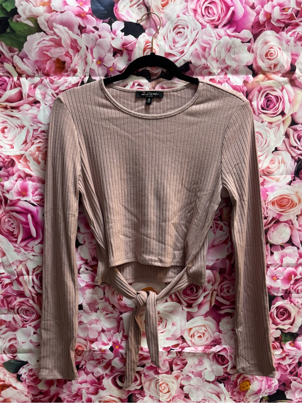 Windsor Mauve Ribbed Long-Sleeve Tie-Front Crop Top